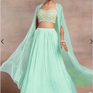 Mint Green Lehenga Set With Sequin Pearl Hand Embroidered Blouse And Mesh Jacket